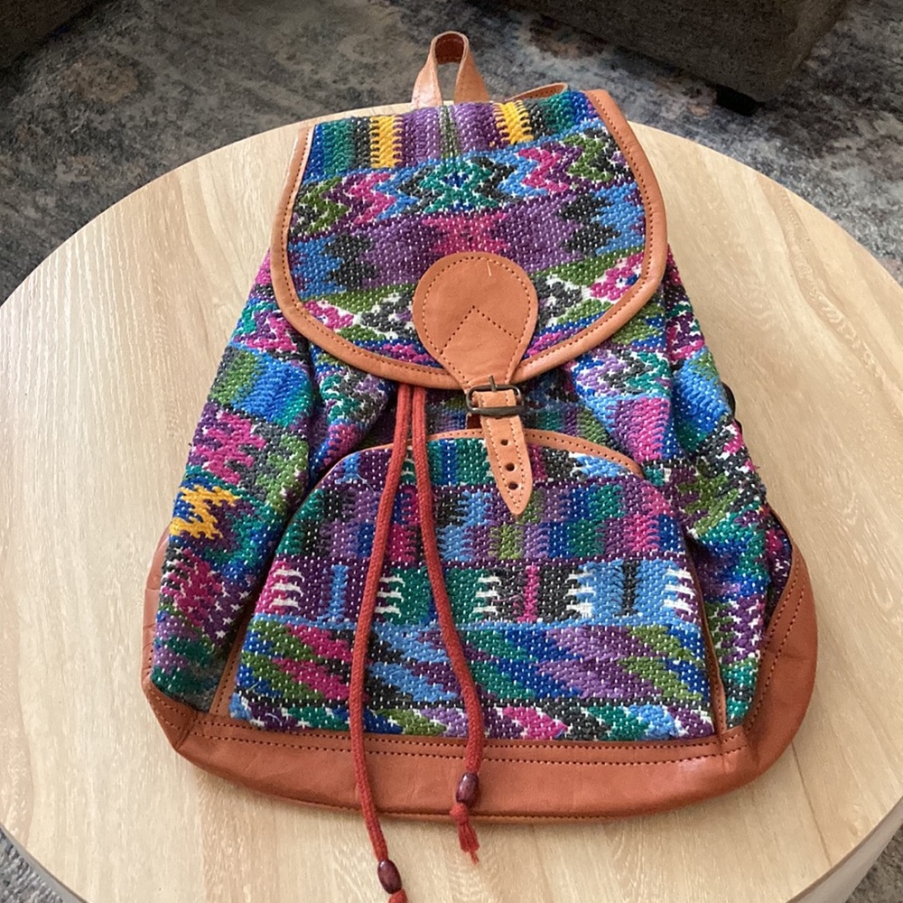 Mexico Guatemala Woven Leather Trim Backpack Embroidered Drawstring Bag Brown